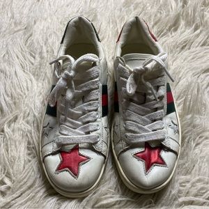 Authentic Gucci White Women's "New Ace" Star Leather Sneakers Size: EU 36